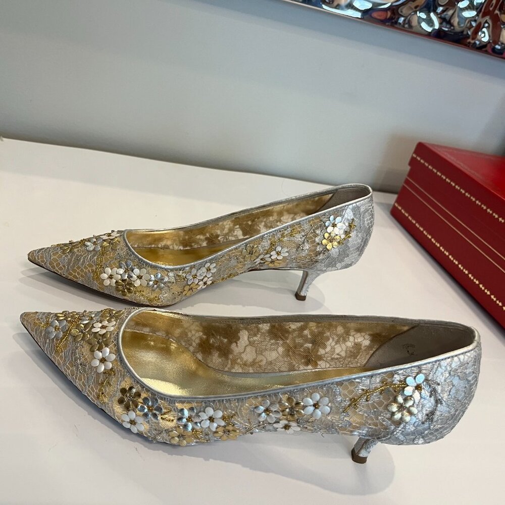 Rene Caovilla Silver and Gold  Lace Flower Shoes, SZ 41